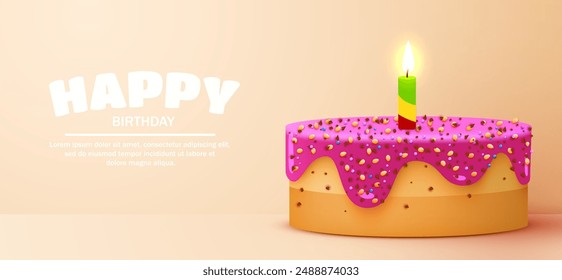 Cake with burning candle. Birthday banner. Vector illustration