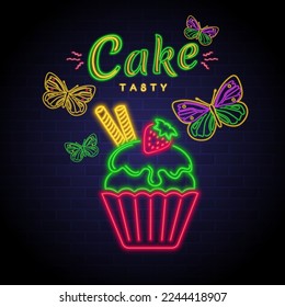 Cake and butterfly illustration with neon light glowing effects