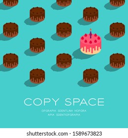 Cake with candle 3D isometric pattern, Happy Birthday celebration concept poster and social banner post square design illustration isolated on green background with copy space, vector eps 10