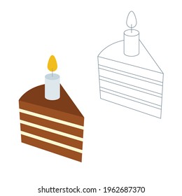 Cake with candle. Birthday cake with burnt candle flat and outline isometric icons. Part of set.