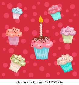 Cake with a candle, birthday greetings or a holiday, cakes decoration of a party, cupcakes and muffins of different color