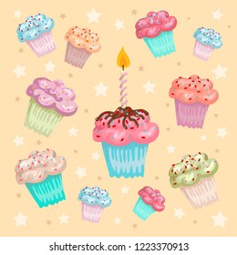 Cake with a candle, birthday greetings or a holiday, cakes decoration of a party, cupcakes and muffins of different color