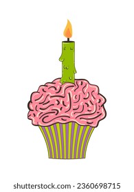 Cake with a candle and brains for Halloween. Vector flat illustration in retro style. A festive Halloween snack with a psychedelic twist.