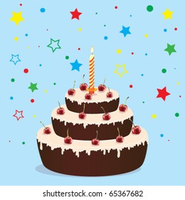 Cake with candle and cherries on a blue background