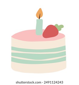 Cake with candle doodle style isolated on white. Vector for cards and stickers.