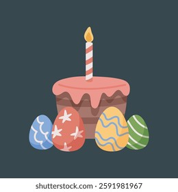cake with candle and Easter egg in flat vector design