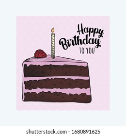 Cake with candle in engraved style. Hand drawn vector illustration. Happy Birthday greeting card
