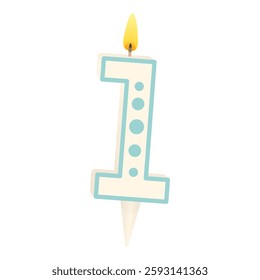Cake candle in the form of number 1 with a lit fili. Anniversary celebration. Birthday party. Festive decorations. Vector illustration isolated on white background.