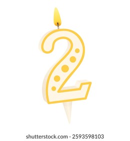 Cake candle in the form of number 2 with a lit fili. Anniversary celebration. Birthday party. Festive decorations. Vector illustration isolated on white background.