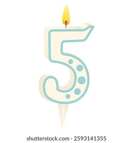 Cake candle in the form of number 5 with a lit fili. Anniversary celebration. Birthday party. Festive decorations. Vector illustration isolated on white background.