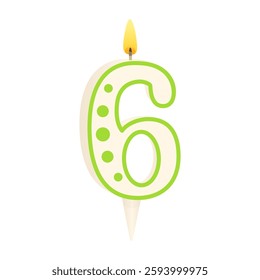 Cake candle in the form of number 6 with a lit fili. Anniversary celebration. Birthday party. Festive decorations. Vector illustration isolated on white background.