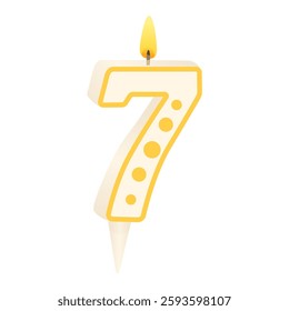 Cake candle in the form of number 7 with a lit fili. Anniversary celebration. Birthday party. Festive decorations. Vector illustration isolated on white background.