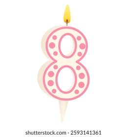 Cake candle in the form of number 8 with a lit fili. Anniversary celebration. Birthday party. Festive decorations. Vector illustration isolated on white background.