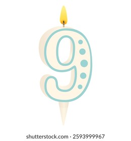 Cake candle in the form of number 9 with a lit fili. Anniversary celebration. Birthday party. Festive decorations. Vector illustration isolated on white background.