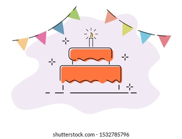 Cake with a candle and a garland of flags. Creative picture for the congratulations on the anniversary, birthday and important date.

