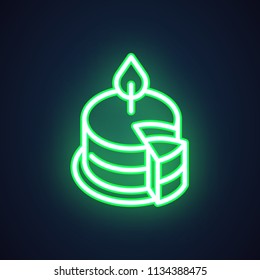 Cake with candle green neon icon. Holiday and party symbol. Illuminated sign for advertisement, signboard, market, shop, store, cafe.. Sweet dessert logo. UI, UX element. Vector isolated on black