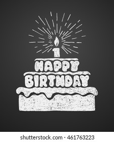 Cake with a candle and happy birthday text. Vector illustration on the chalkboard