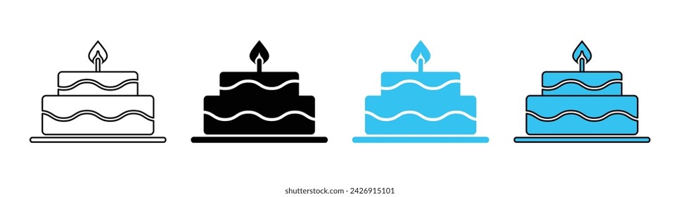 Cake with candle icon set in fill and outline style in black and blue color on white background. Flat cake icon collection - Vector Icon