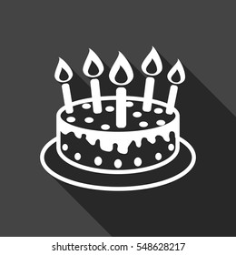 Cake with candle icon. Simple flat pictogram for business, marketing, internet concept on black background with long shadow. Trendy modern vector symbol for web site design or mobile app