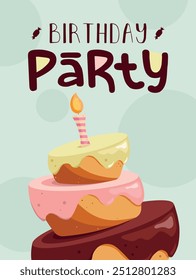 A cake with a candle and let's celebrate text on a background. Birthday hand drawn illustration for cards and posters. Dessert in cartoon stylization