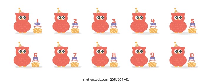 Cake with candle number with cute owl character vector set. Beautiful elements for Kids Birthday Party invitation, greeting card, poster, event, prints and cake toppers design