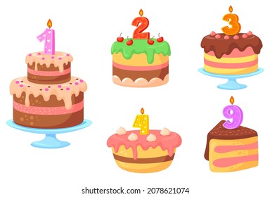 Los números de velas de pasteles. Pasteles de cumpleaños con velas de celebración, coloridos y deliciosos postres crema, fiestas de vacaciones, felicitaciones a los niños, vector de dibujos animados. Torta de cumpleaños de celebración de ilustraciones