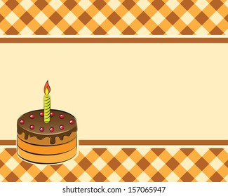 Cake with a candle on a plaid background. Vector illustration