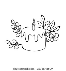 A cake with a candle on top and flowers around it. The cake is white and the candle is lit
