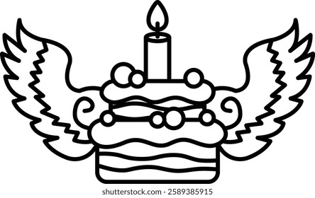 A cake with a candle on top and wings on either side