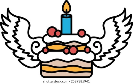 A cake with a candle on top and wings on either side. The cake is decorated with cherries and the candle is blue. The wings on either side of the cake give the impression of a bird or angel