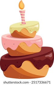 A cake with a candle on a transparent background. Birthday isolated hand drawn illustration for cards and posters. Dessert in cartoon vector stylization