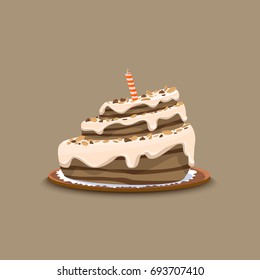 Cake with candle on a tray. Vector illustration