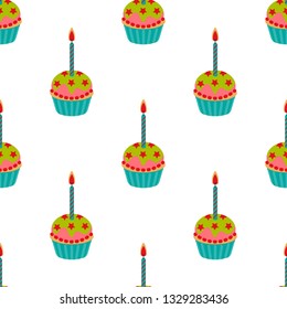 Cake with candle seamless pattern. Cake sweet dessert for holiday. Vector illustration