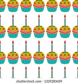 Cake with candle seamless pattern. Cake sweet dessert for holiday. Vector illustration
