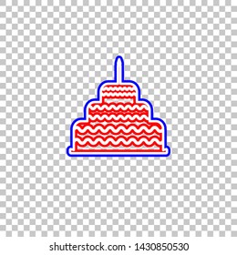 Cake with candle sign. Red, white and contour icon at transparent background. Illustration.