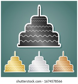 Cake with candle sign. Set of metallic Icons with gray, gold, silver and bronze gradient with white contour and shadow at viridan background. Illustration.