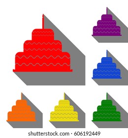 Cake with candle sign. Set of red, orange, yellow, green, blue and violet icons at white background with flat shadow.