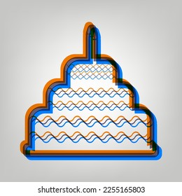 Cake with candle sign. Stroked Icon in orange, azure and old lavender Colors at gray Background. Illustration.