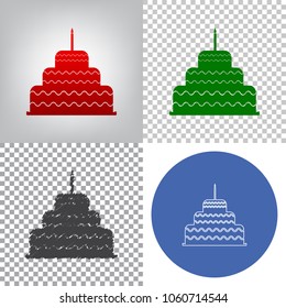 Cake with candle sign. Vector. 4 styles. Red gradient in radial lighted background, green flat and gray scribble icons on transparent and linear one in blue circle.