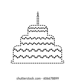 Cake with candle sign. Vector. Black dashed icon on white background. Isolated.