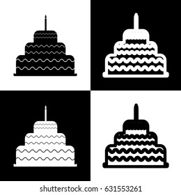 Cake with candle sign. Vector. Black and white icons and line icon on chess board.