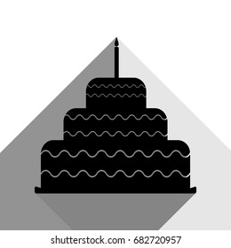 Cake with candle sign. Vector. Black icon with two flat gray shadows on white background.