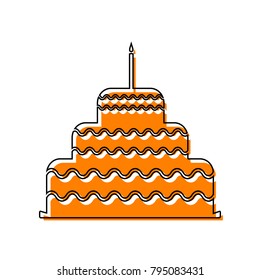 Cake with candle sign. Vector. Black line icon with shifted flat orange filled icon on white background. Isolated.