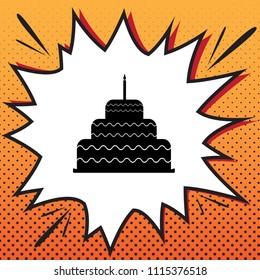 Cake with candle sign. Vector. Comics style icon on pop-art background.