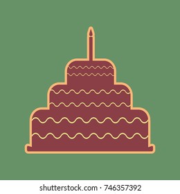 Cake with candle sign. Vector. Cordovan icon and mellow apricot halo with light khaki filled space at russian green background.