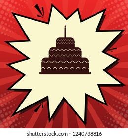 Cake with candle sign. Vector. Dark red icon in lemon chiffon shutter bubble at red popart background with rays.