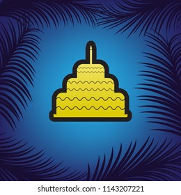 Cake with candle sign. Vector. Golden icon with black contour at blue background with branches of palm trees.