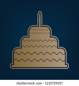 Cake with candle sign. Vector. Golden icon and border at dark cyan background.