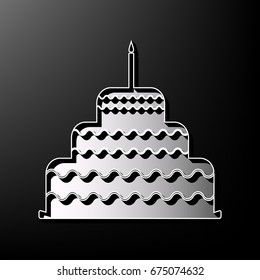 Cake with candle sign. Vector. Gray 3d printed icon on black background.