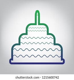 Cake with candle sign. Vector. Green to blue gradient contour icon at grayish background with light in center.